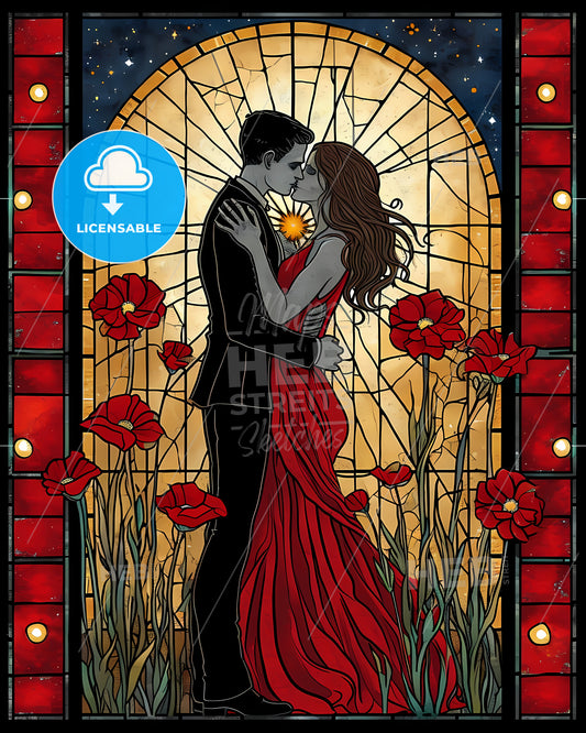 A Skeleton Slow Dances With A Beautiful - A Man And Woman In A Red Dress Hugging In Front Of A Stained Glass Window