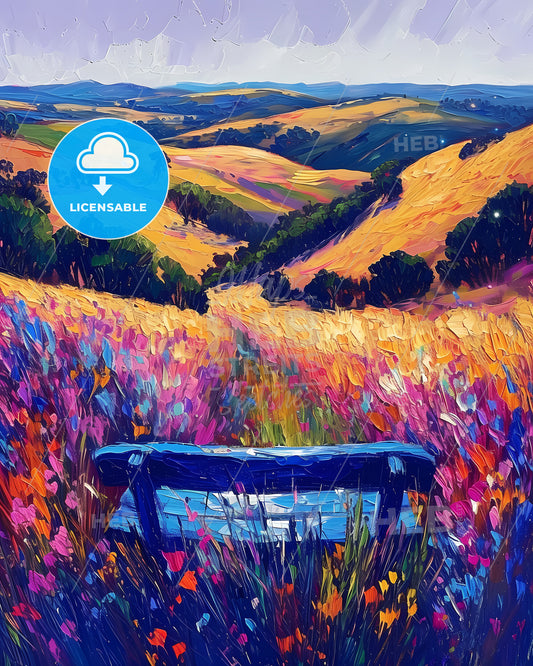 Barossa Valley, Australia - A Painting Of A Bench In A Field Of Flowers
