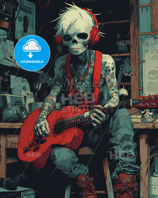 A Trendy Rocker Guy With A Pelican Case - A Person With Skull Face And White Hair Sitting On A Desk Playing A Guitar