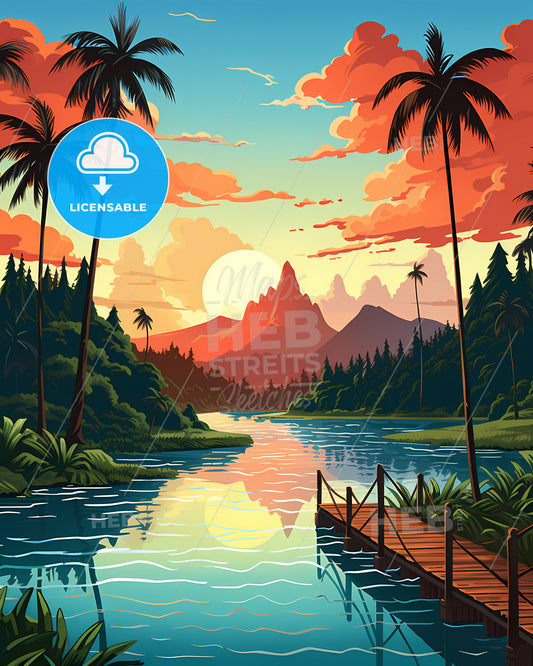 Cook Islands, New Zealand - A River With A Bridge And Palm Trees