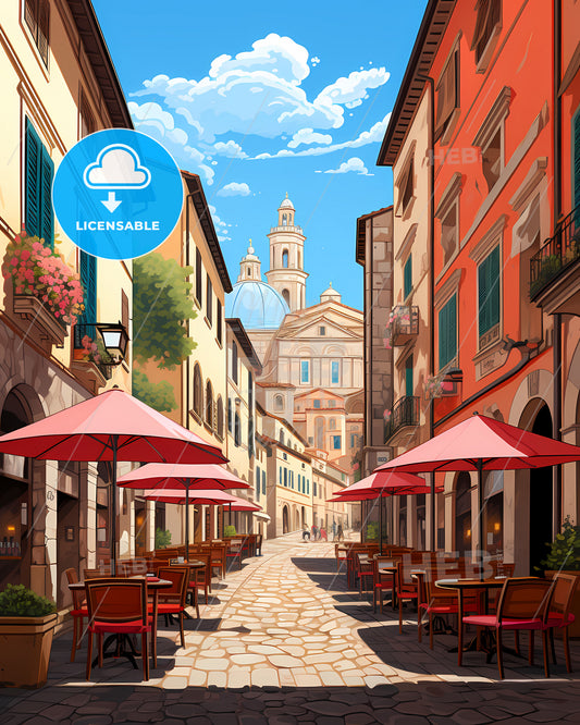 Prato, Italy - A Street With Tables And Umbrellas
