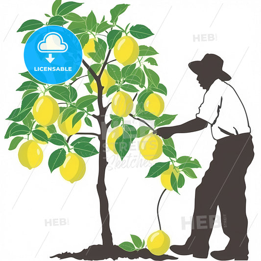 Logo Design, Chinese Fruit Farmer And Citrus In One, White Background - A Man Holding A Lemon Tree