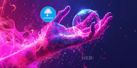 Abstract Metallic Hand, Victory Gesture, Glass Ball With Neon Light, Isolated On Dark Blue Background - A Hand With A Bubble In It