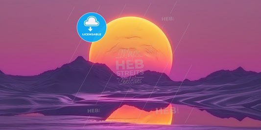 Abstract Fantastic Geometric Background - A Sunset Over Mountains And A Large Yellow Sun