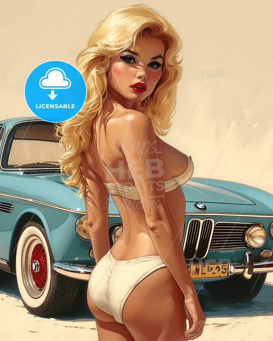 Illustration Of A Beautiful Pin Up Model Full Body - A Woman In A Garment Next To A Car