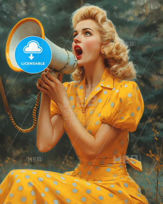 Pin Up In 50S Style Clothes Girl Sitting With Megafon And Shouting - A Woman In A Yellow Dress With A Megaphone
