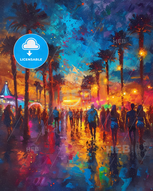 Electric Daisy Carnival (Edc) - A Painting Of People Walking On A Street With Palm Trees