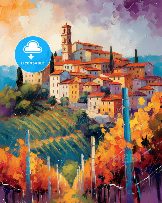 Montepulciano, Italy - A Painting Of A Town On A Hill