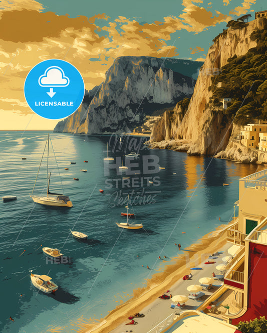 Capri Italy Poster With Text Capri In Bodony Font - A Beach With Boats And Buildings On The Side