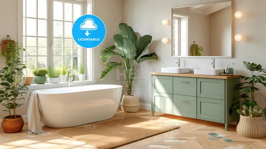 Modern Minimalist Bathroom Interior With A Green Bathroom Cabinet - A Bathroom With A Tub And Sink And A Plant