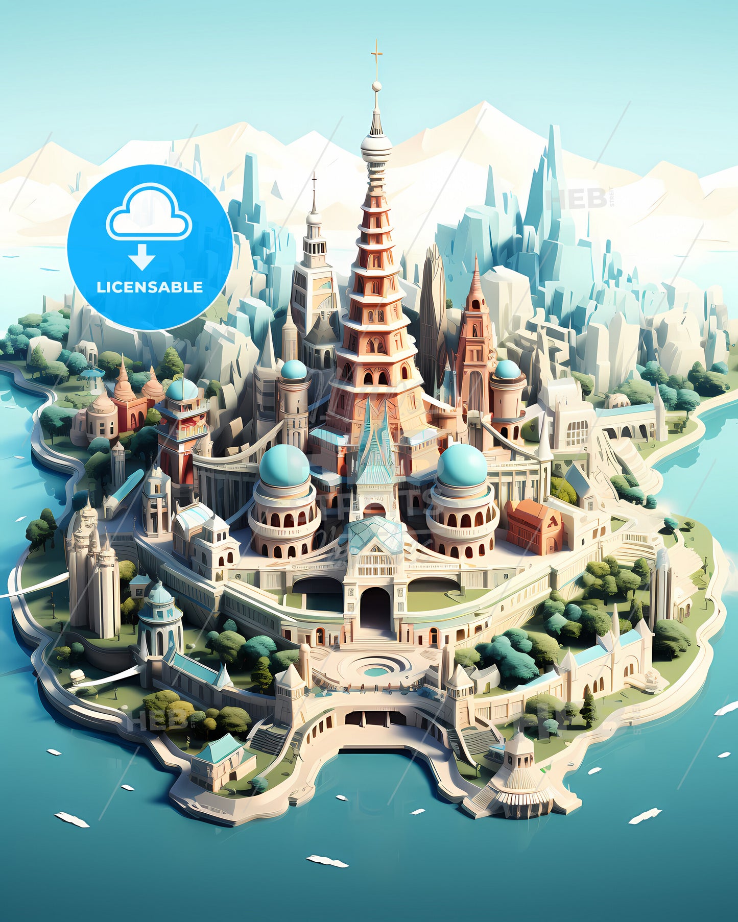 Travel Abroad Illustration - A Cartoon Of A Castle On An Island