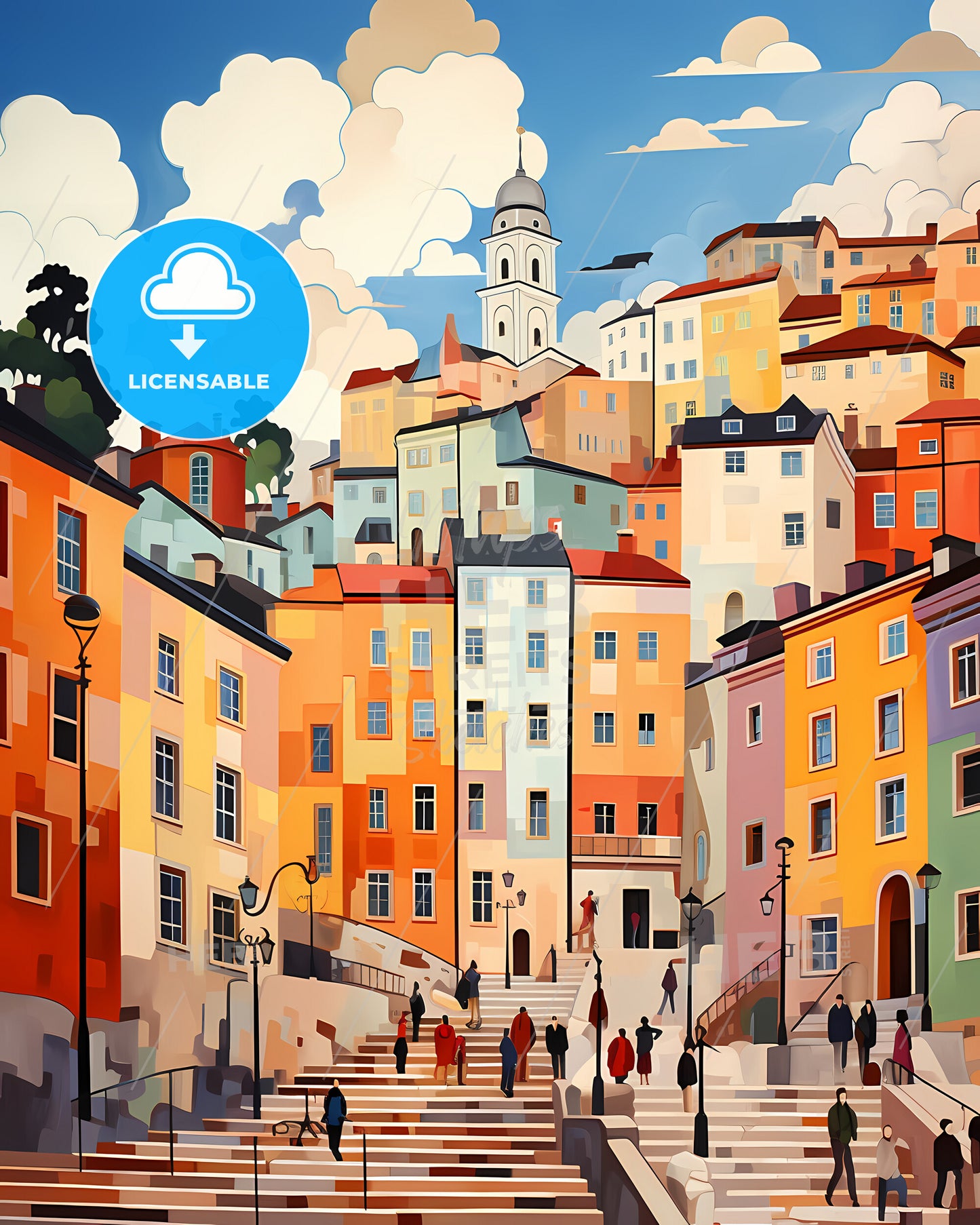 Helsinki, Finland - A Colorful Cityscape With People Walking Up Stairs