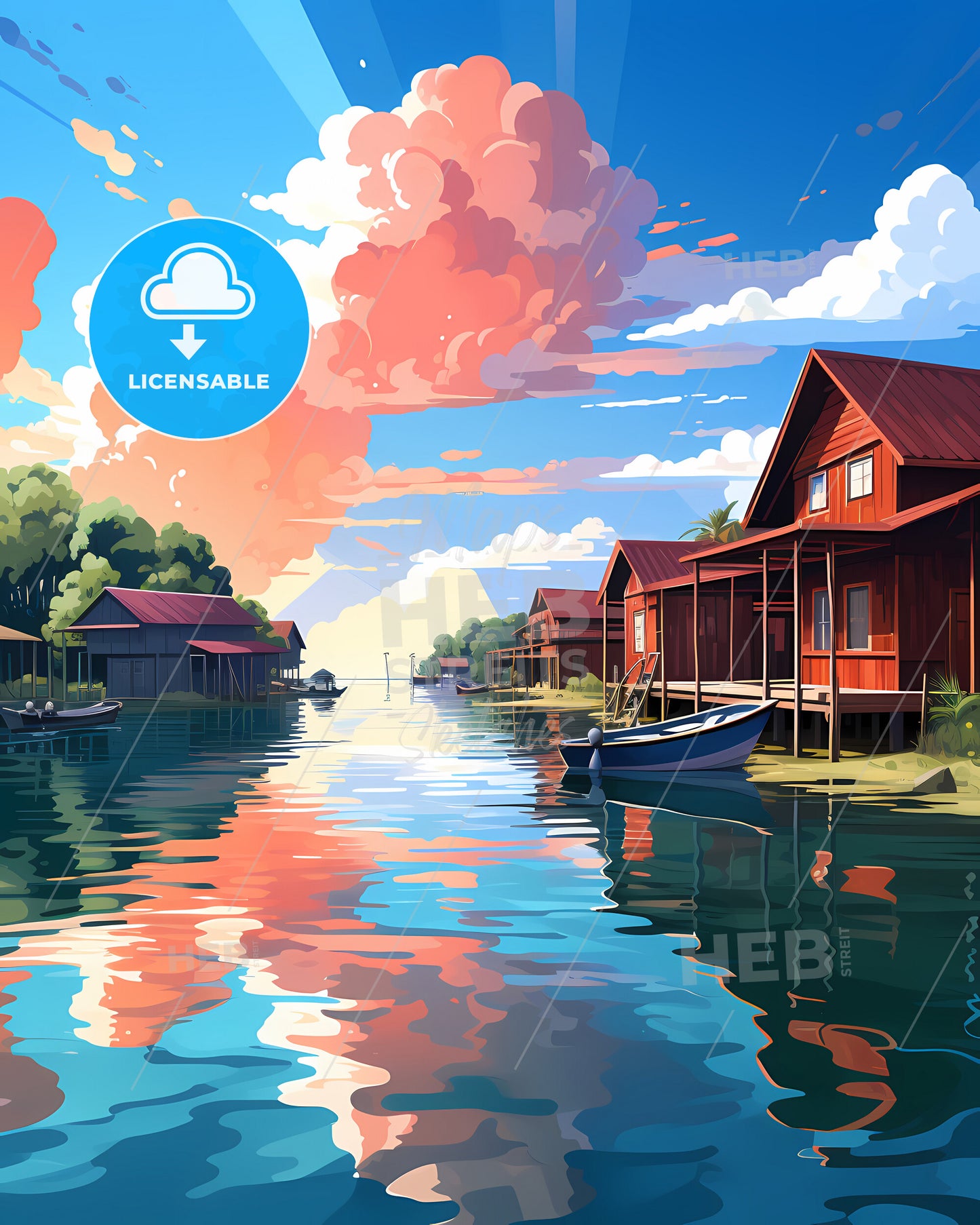 Maldives, Republic Of Maldives - A Row Of Houses On A River