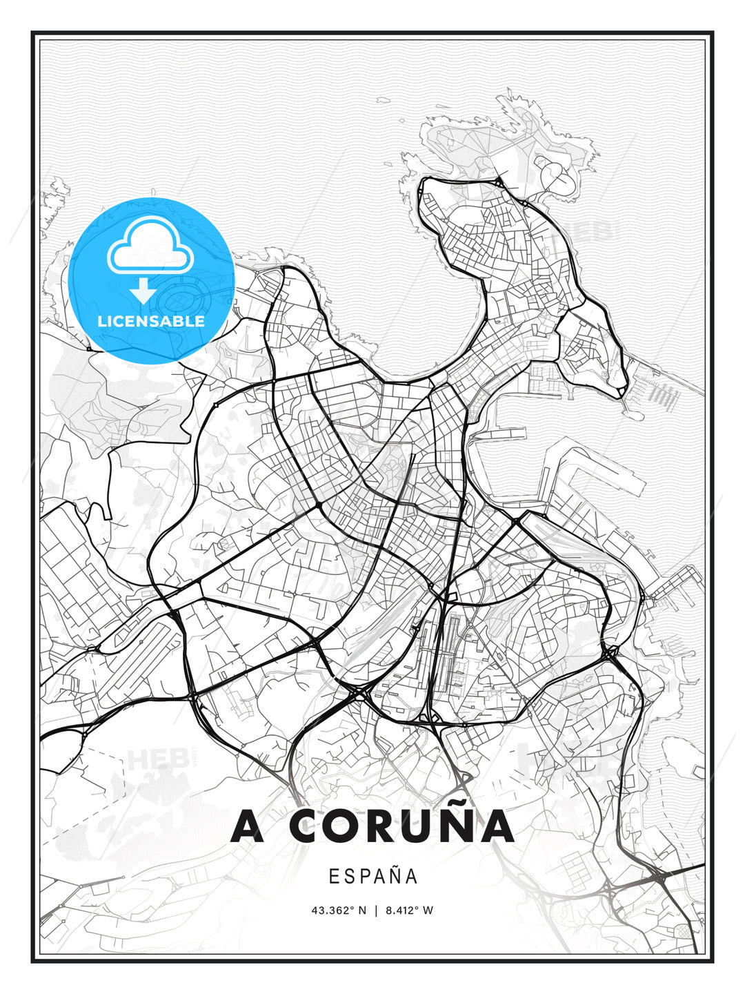 A Coruña, Spain, Modern Print Template in Various Formats - HEBSTREITS Sketches