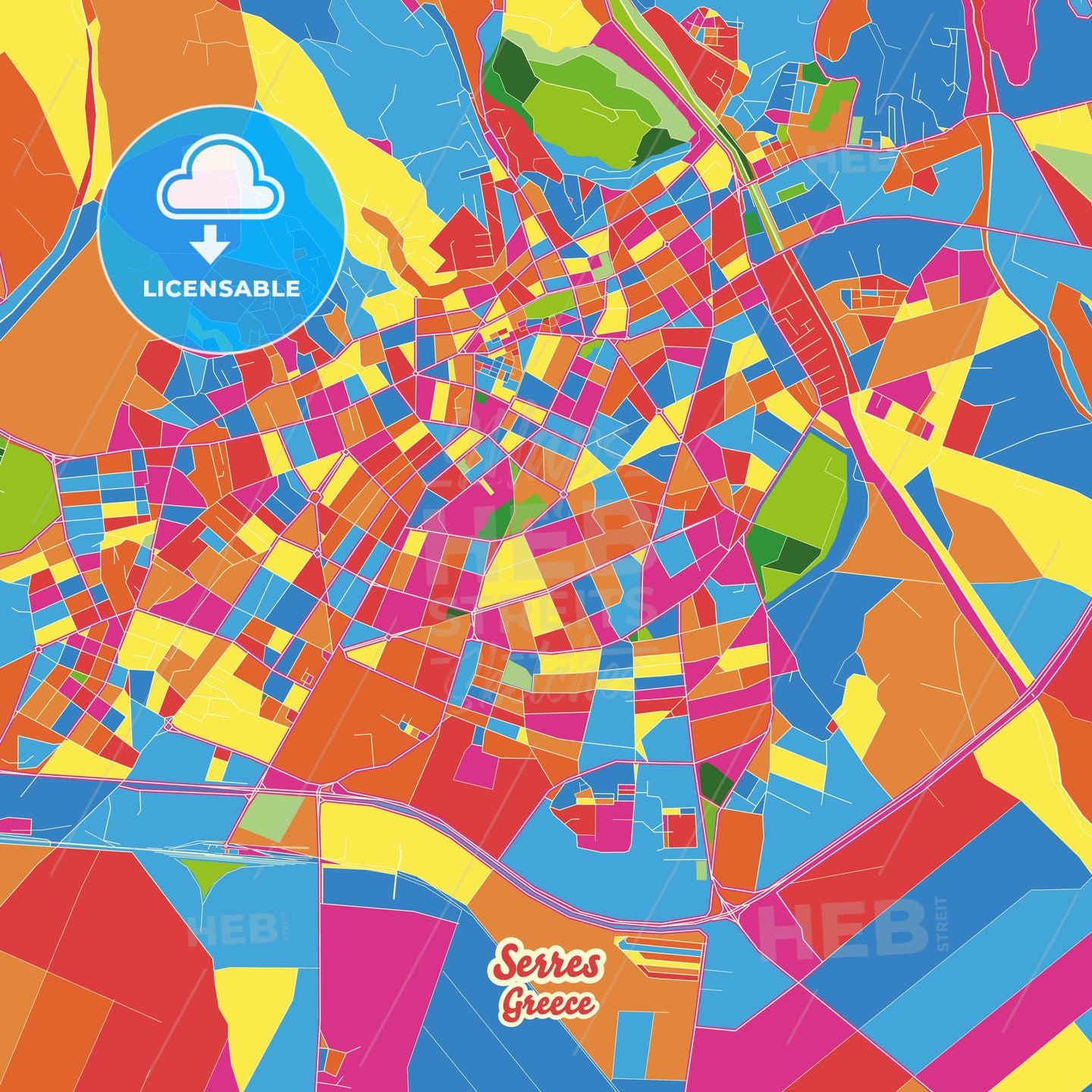 Serres, Central Macedonia, Greece Crazy Colorful Street Map Poster ...