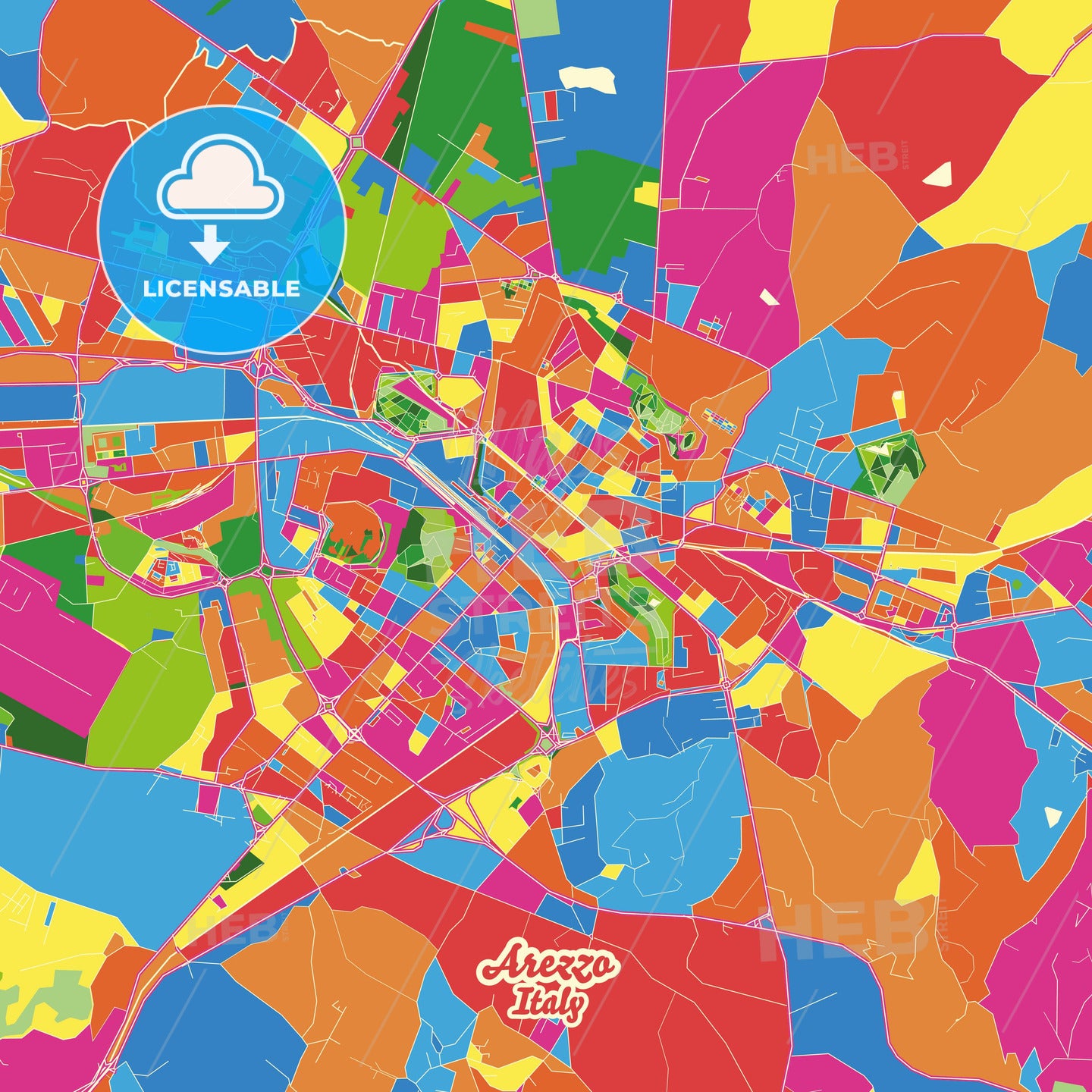 Arezzo Tuscany Italy Crazy Colorful Street Map Poster Template