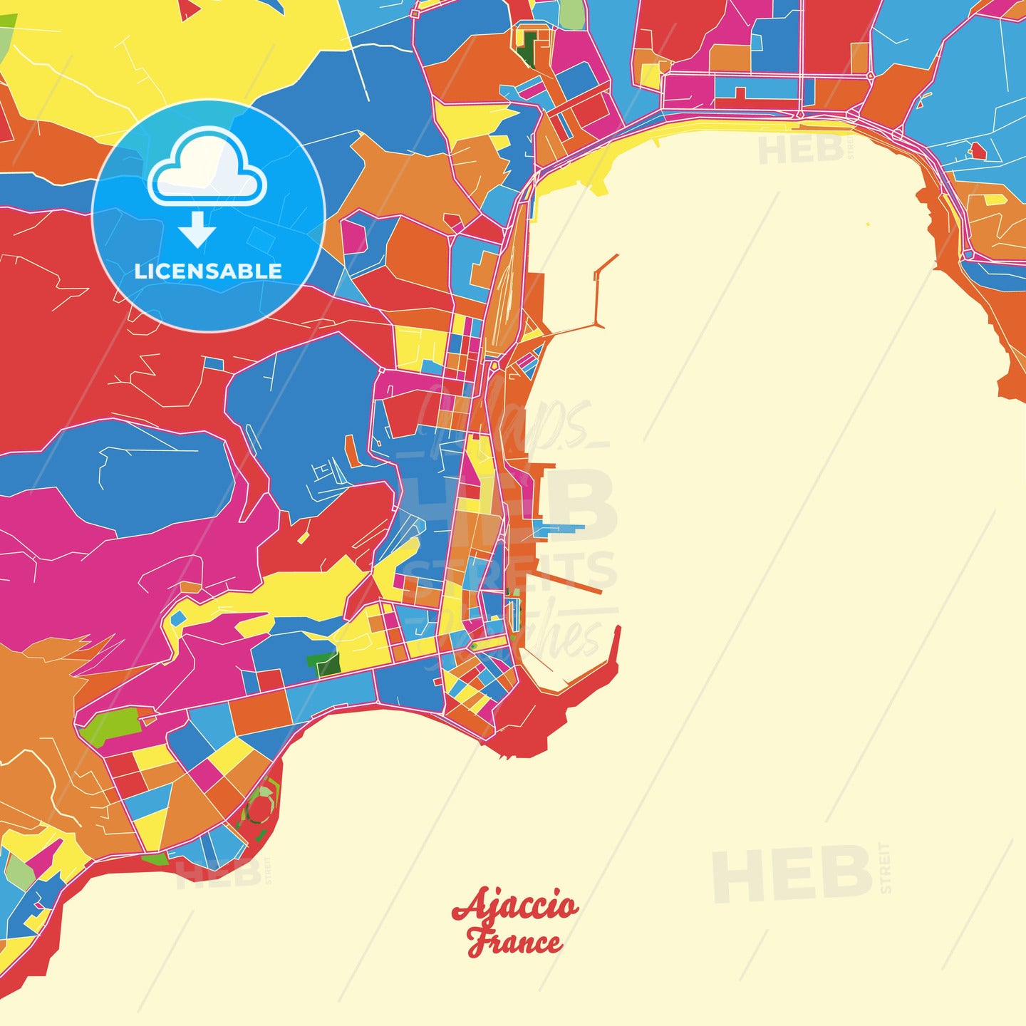 Ajaccio, France Crazy Colorful Street Map Poster Template - HEBSTREITS Sketches
