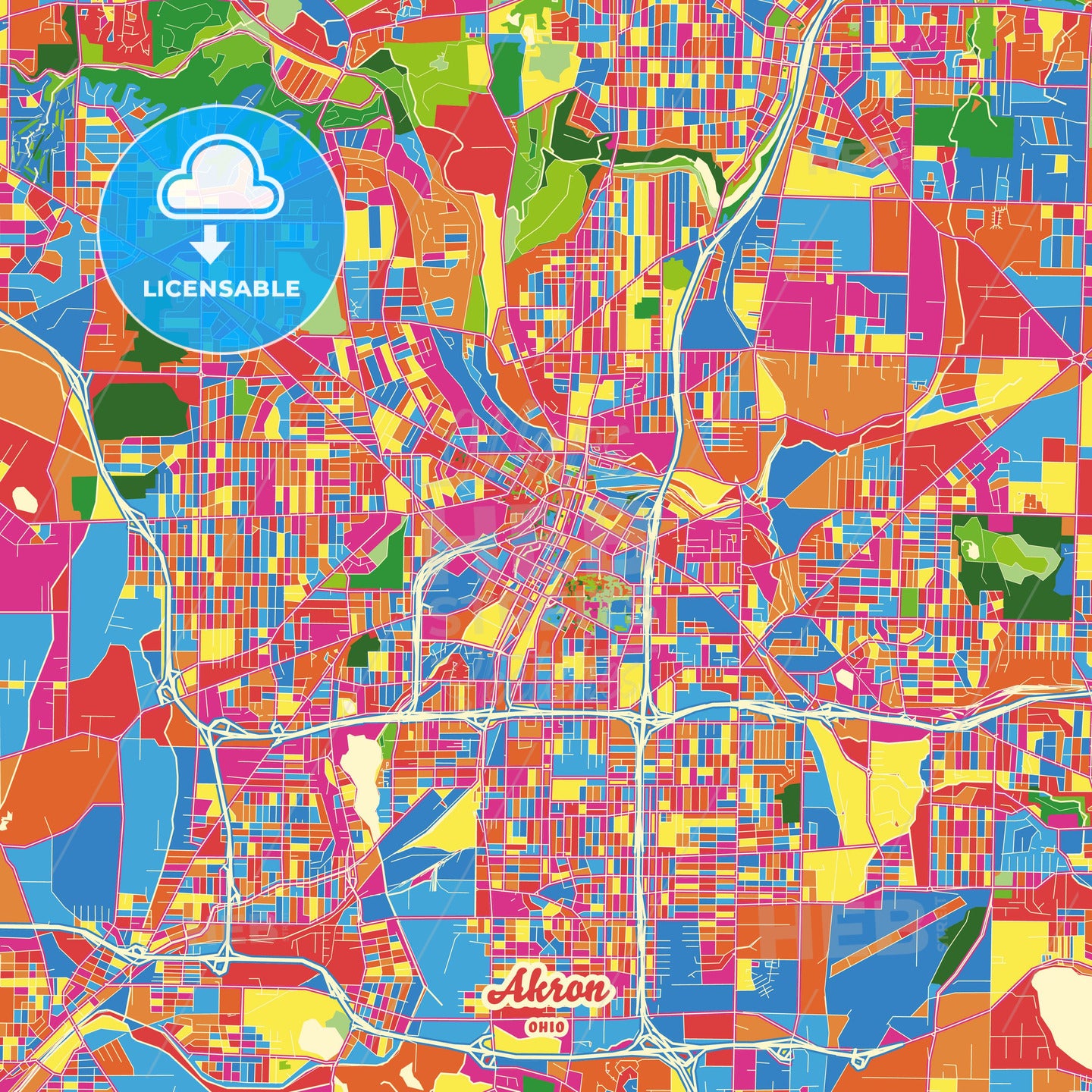 Akron, United States Crazy Colorful Street Map Poster Template - HEBSTREITS Sketches