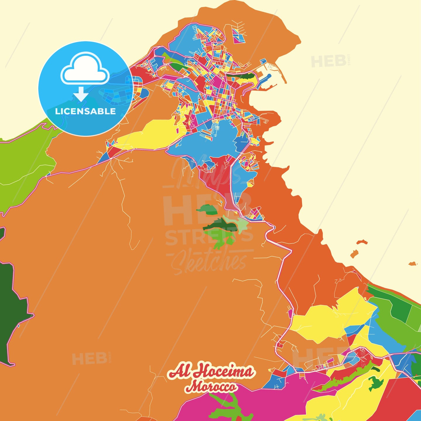 Al Hoceima, Morocco Crazy Colorful Street Map Poster Template - HEBSTREITS Sketches