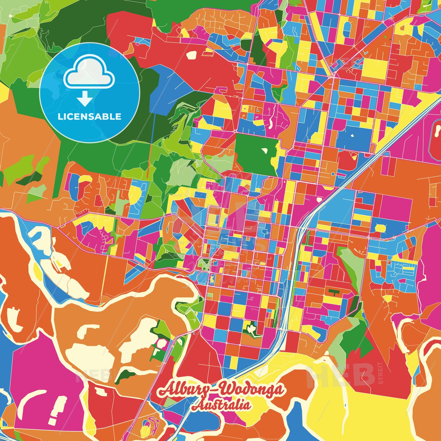 Albury–Wodonga, Australia Crazy Colorful Street Map Poster Template - HEBSTREITS Sketches
