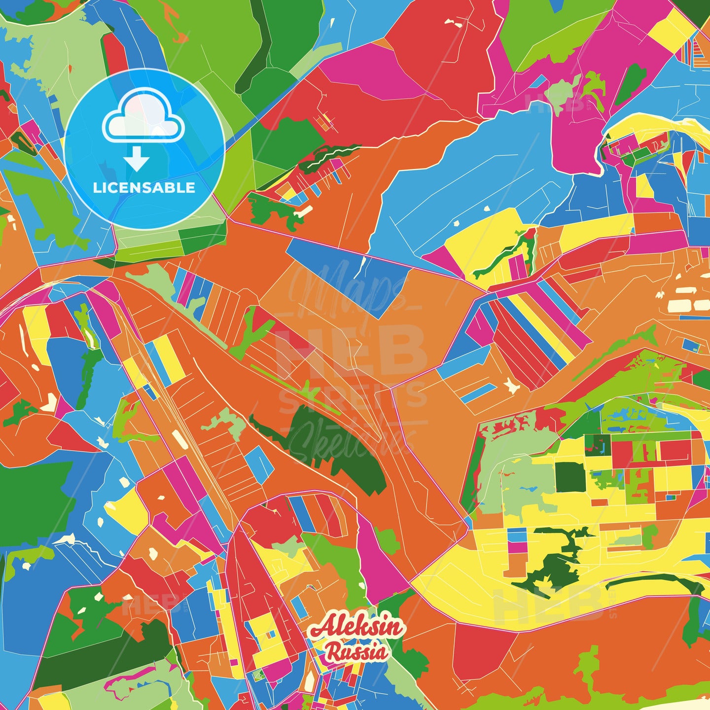 Aleksin, Russia Crazy Colorful Street Map Poster Template - HEBSTREITS Sketches