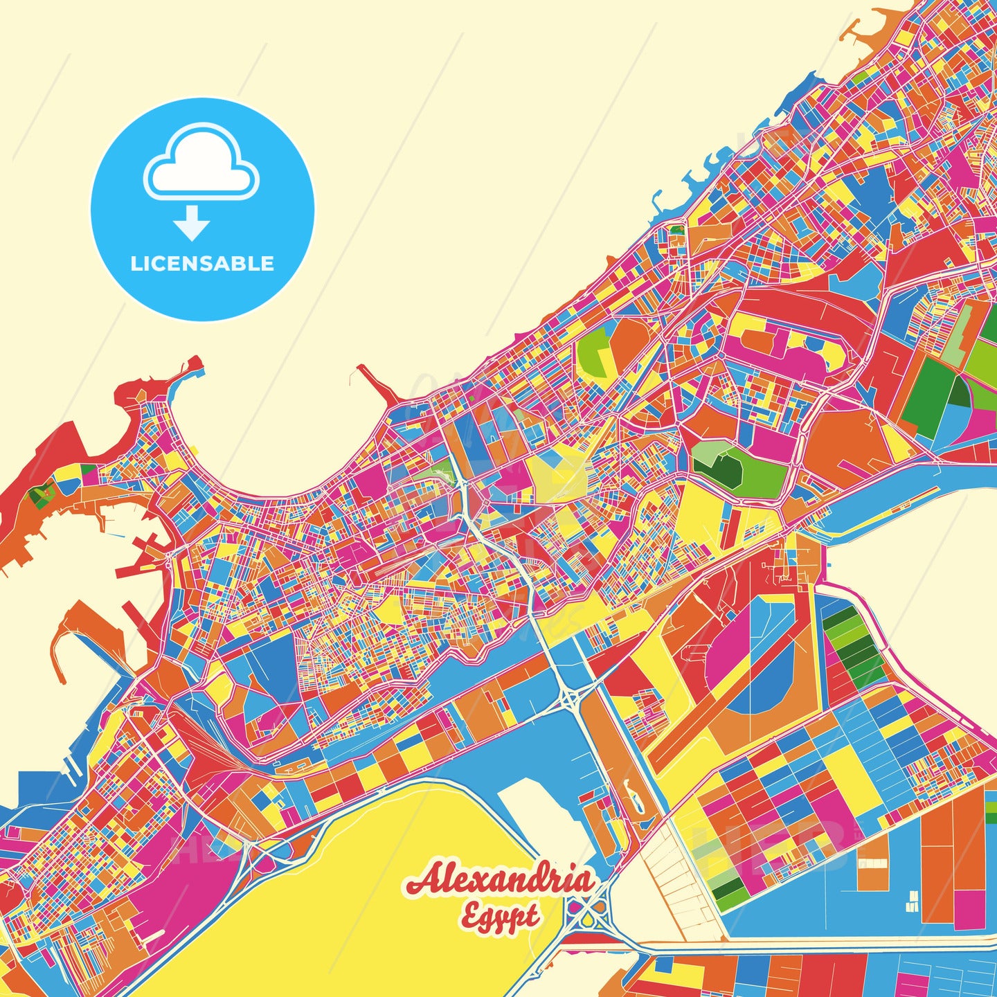 Alexandria, Egypt Crazy Colorful Street Map Poster Template - HEBSTREITS Sketches