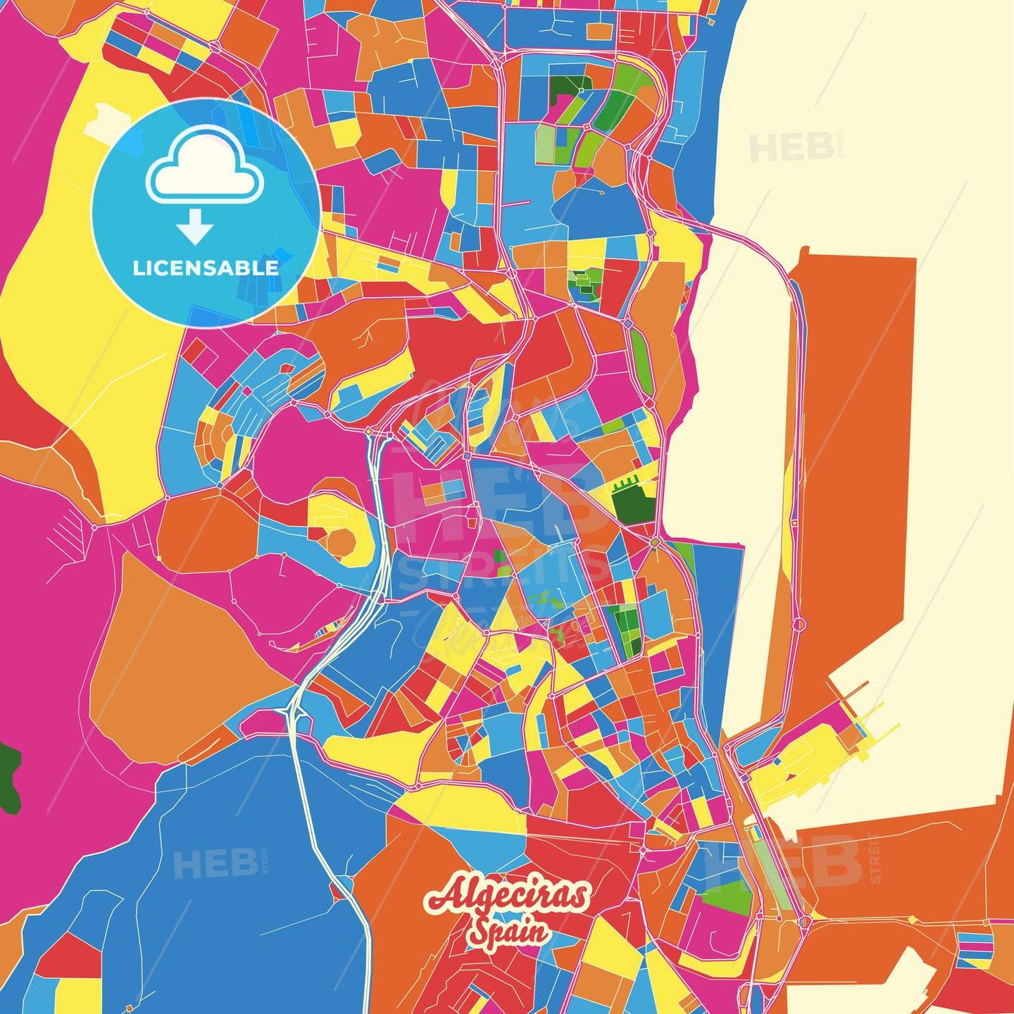 Algeciras, Spain Crazy Colorful Street Map Poster Template - HEBSTREITS Sketches