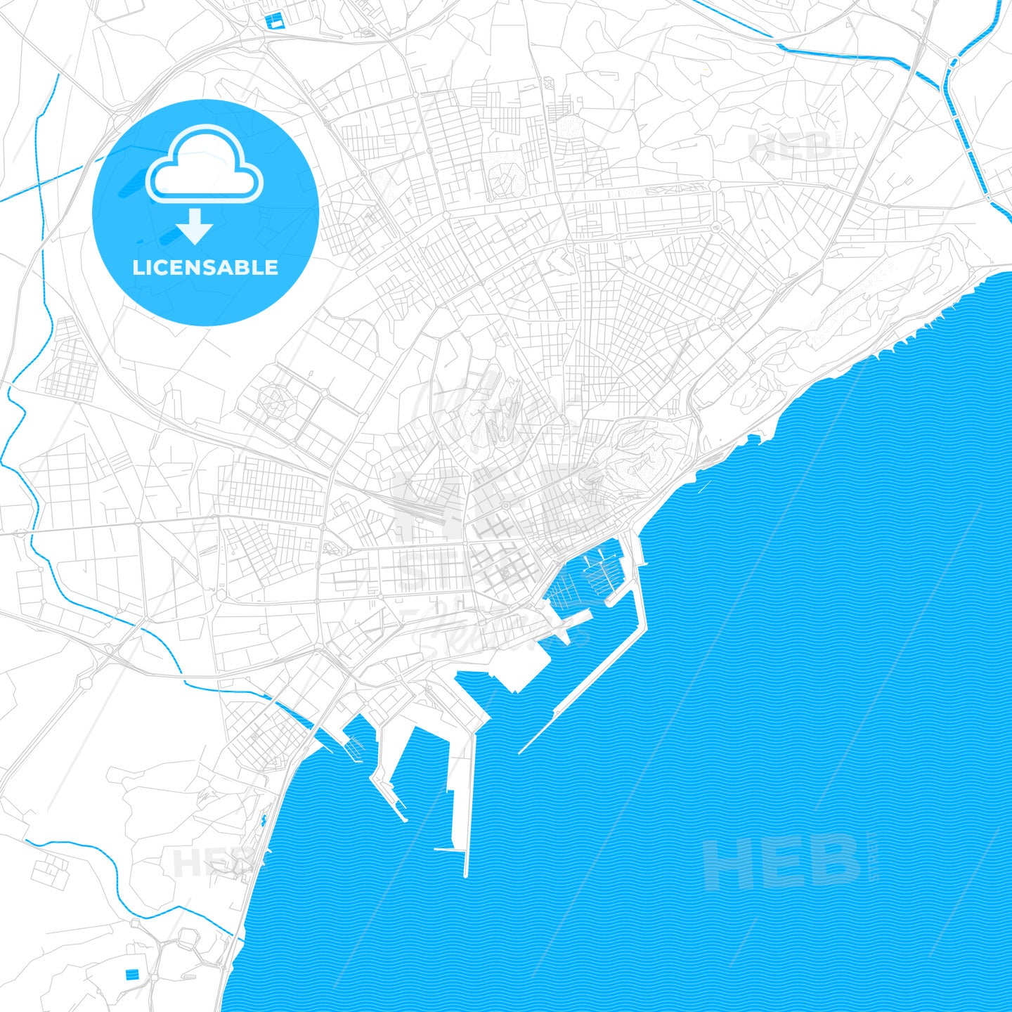 Alicante, Spain PDF vector map with water in focus