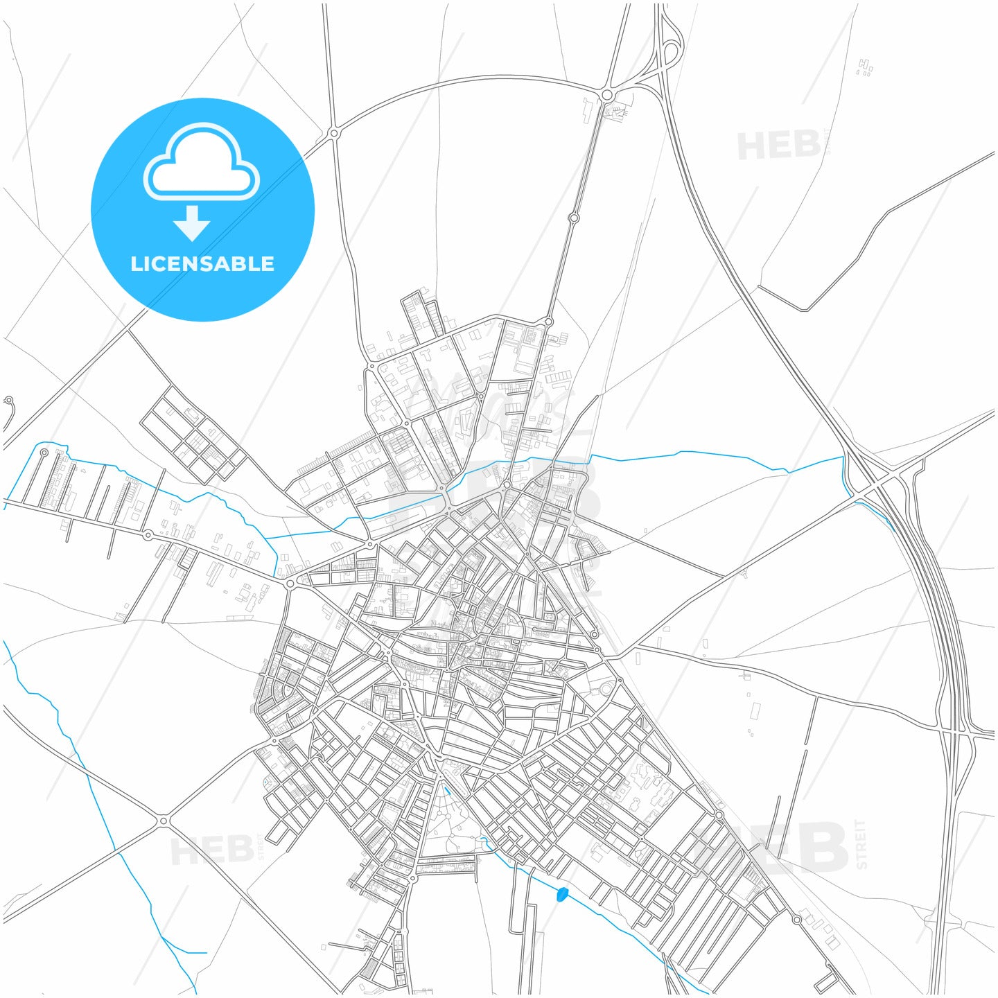 Almendralejo, Badajoz, Spain, city map with high quality roads.