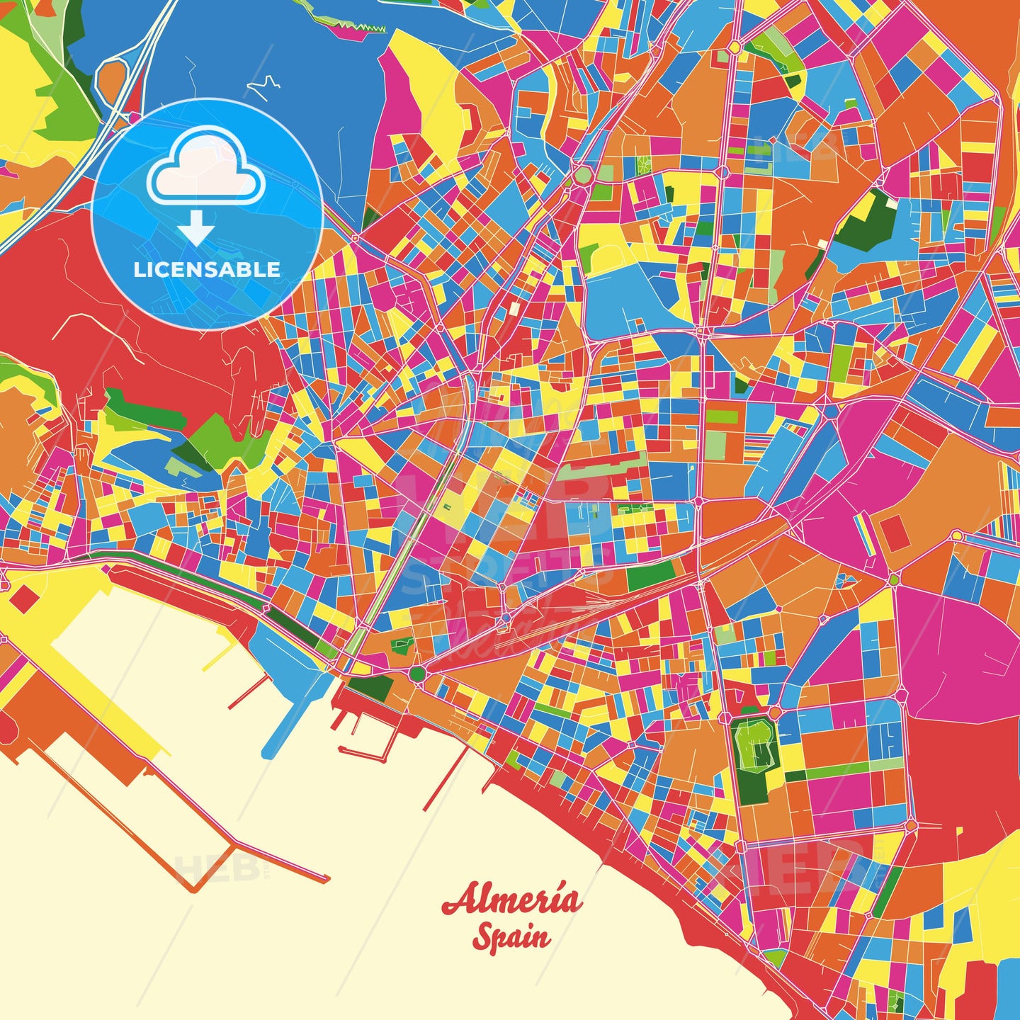 Almería, Spain Crazy Colorful Street Map Poster Template - HEBSTREITS Sketches