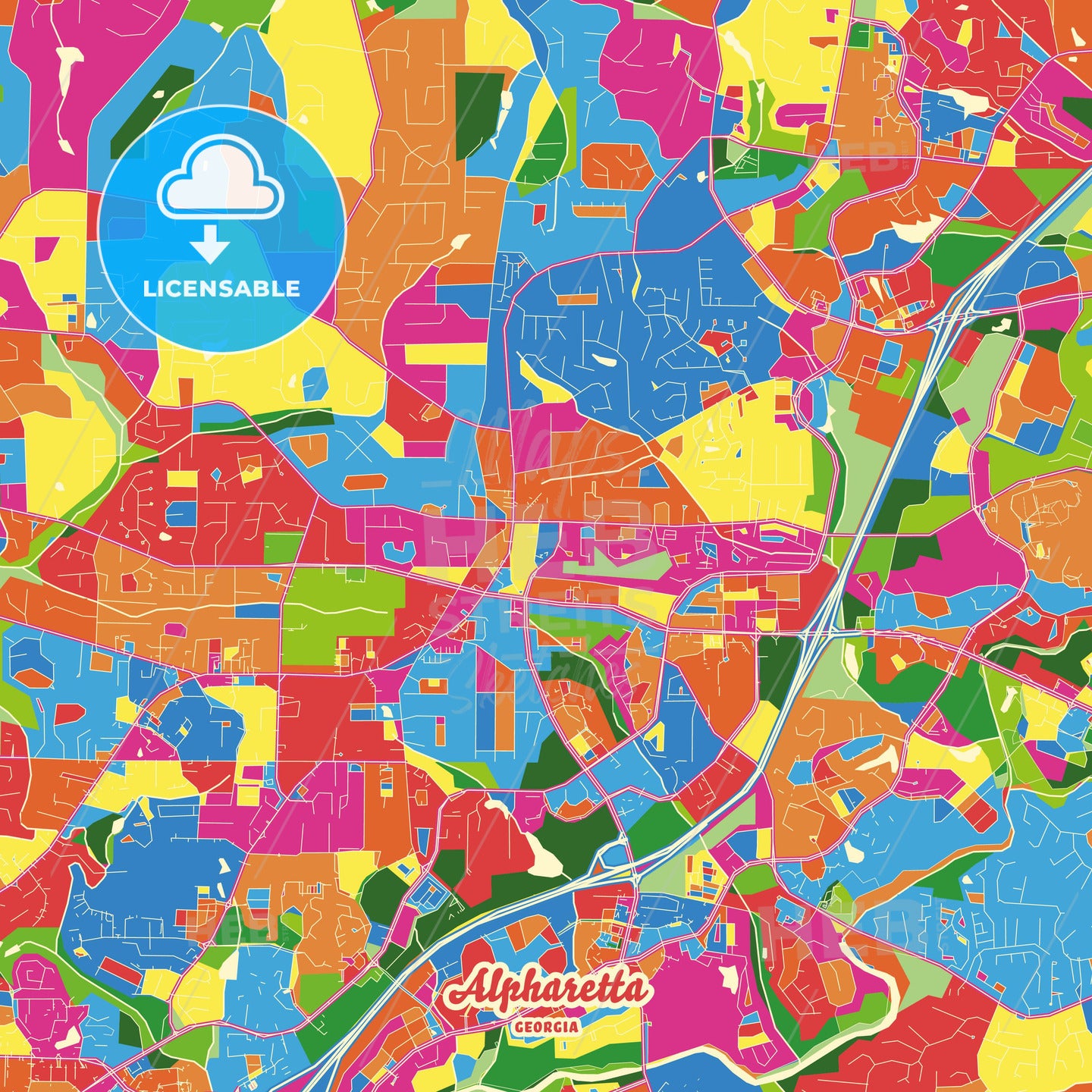 Alpharetta, United States Crazy Colorful Street Map Poster Template - HEBSTREITS Sketches