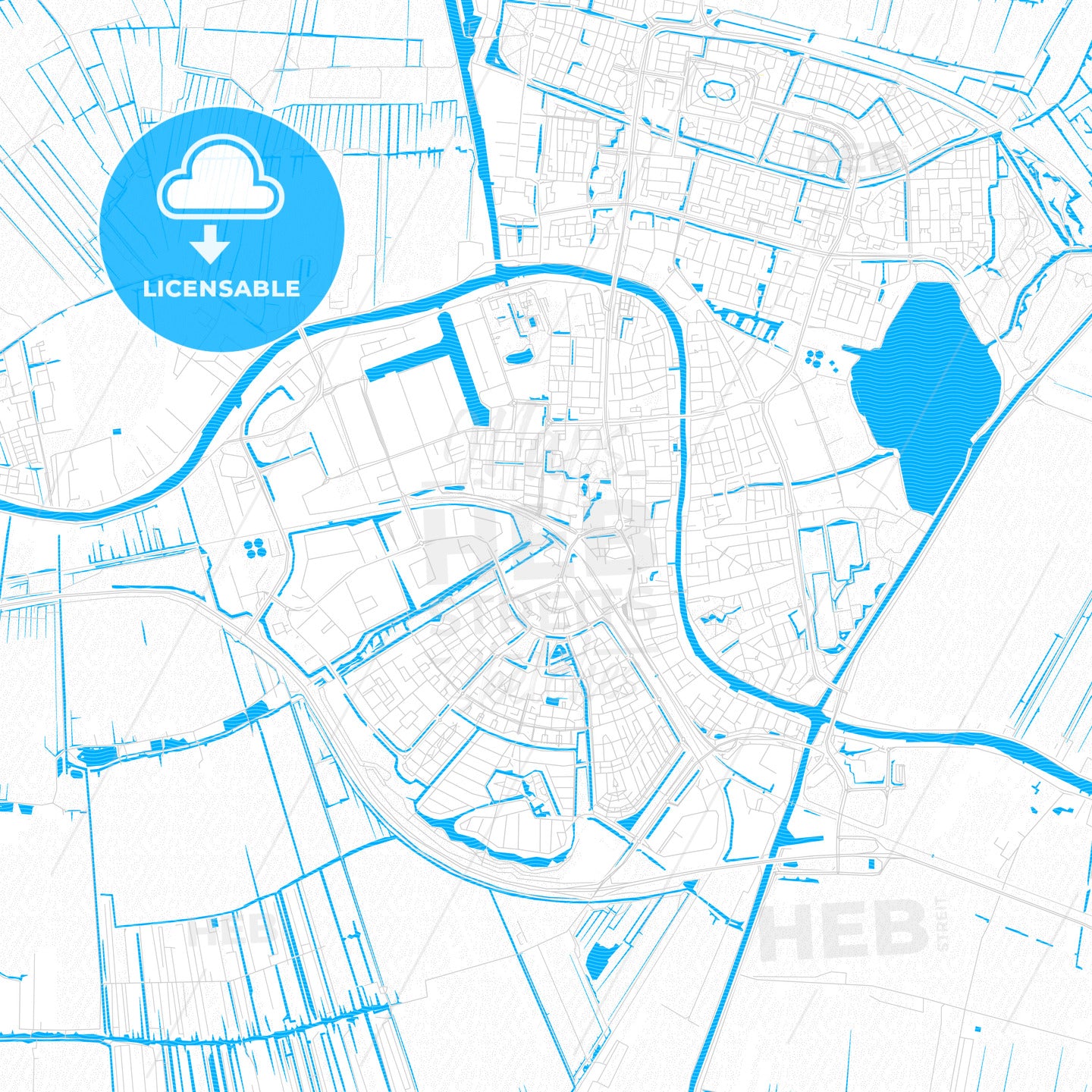 Alphen aan den Rijn, Netherlands PDF vector map with water in focus