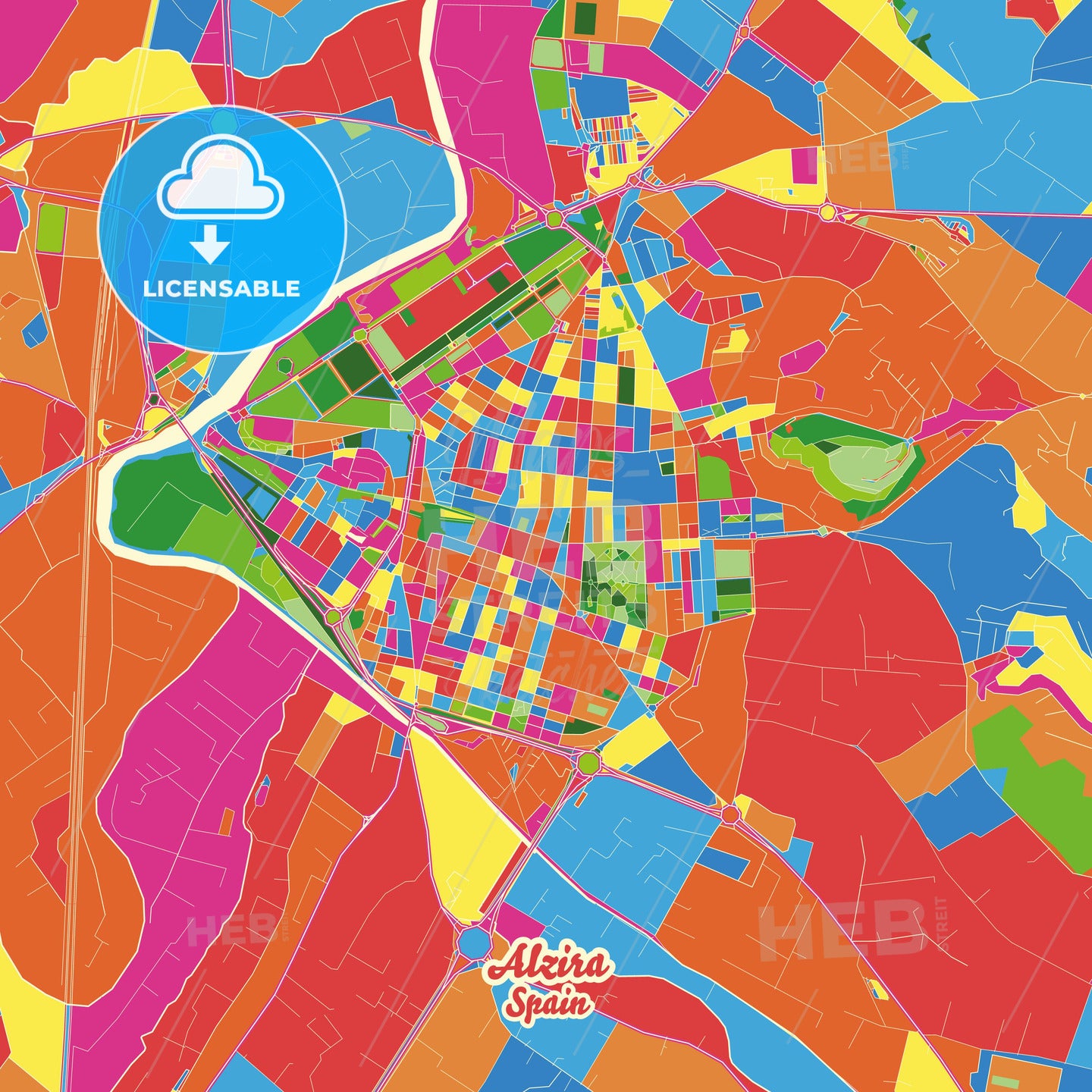 Alzira, Spain Crazy Colorful Street Map Poster Template - HEBSTREITS Sketches