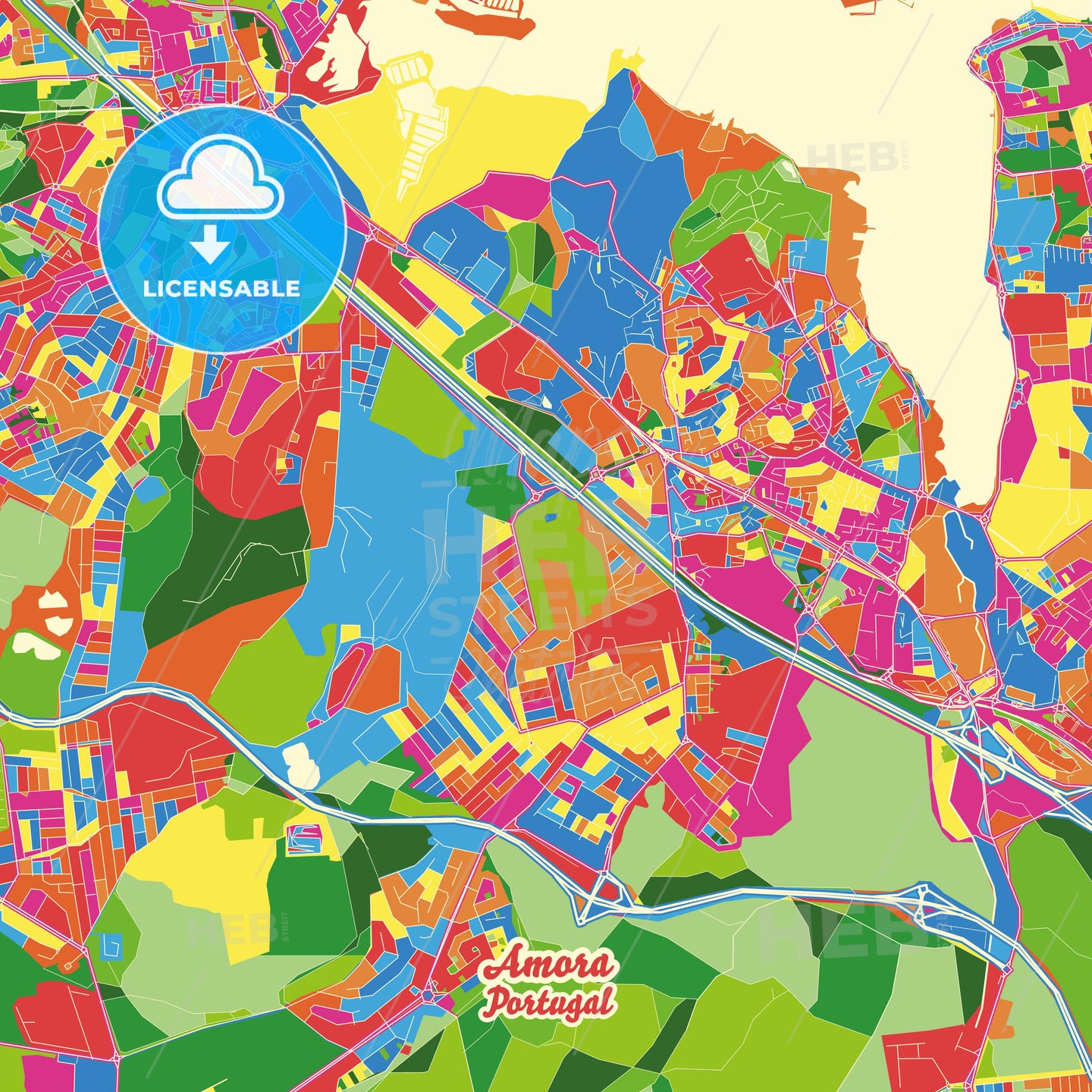 Amora, Portugal Crazy Colorful Street Map Poster Template - HEBSTREITS Sketches
