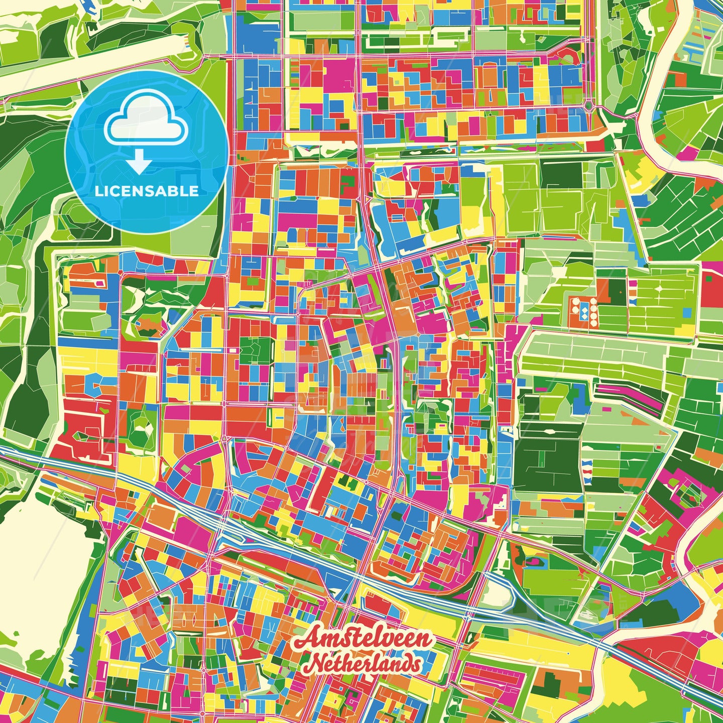 Amstelveen, Netherlands Crazy Colorful Street Map Poster Template - HEBSTREITS Sketches