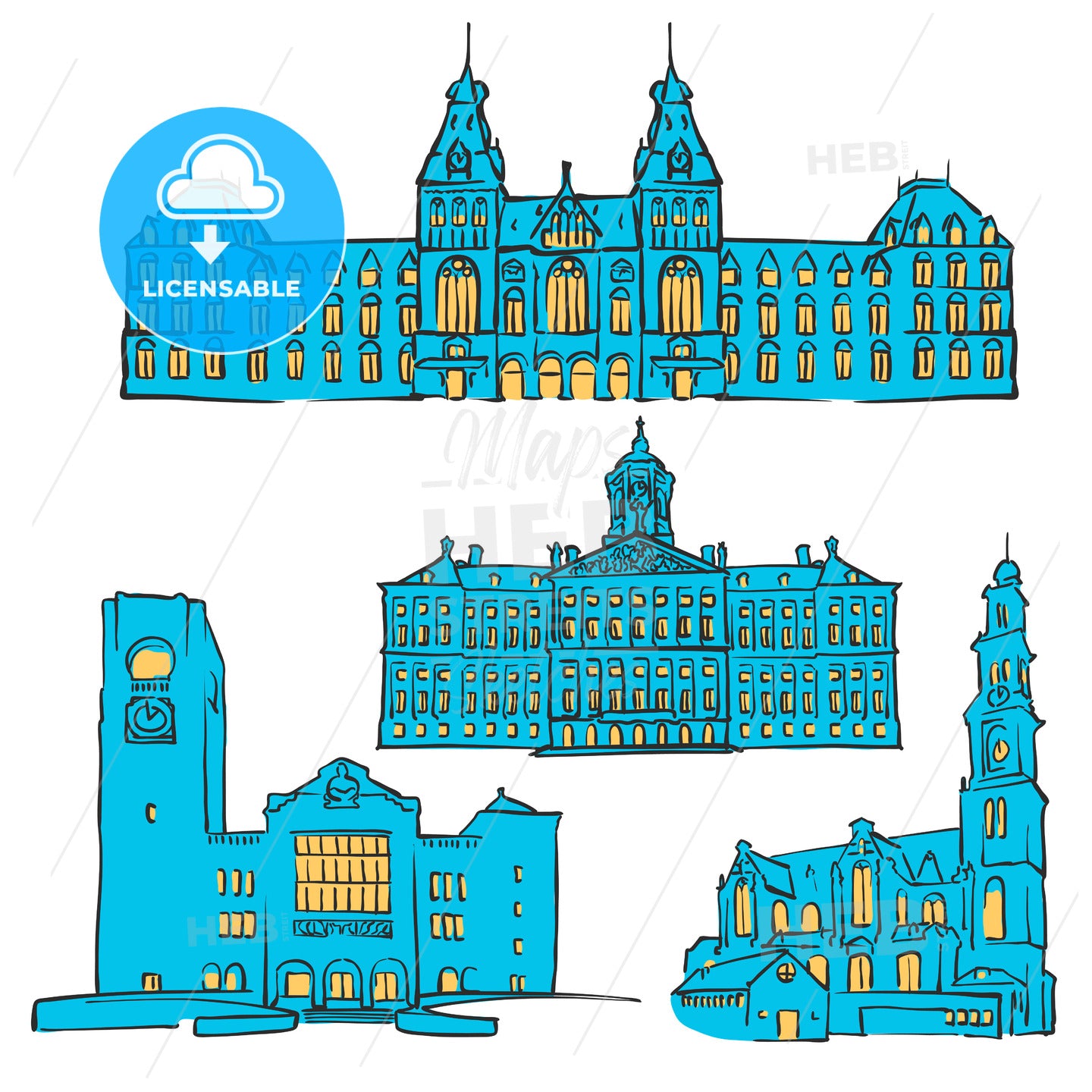 Amsterdam, Netherlands, Colored Landmarks – instant download