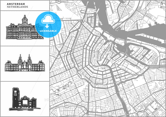 Amsterdam city map with hand-drawn architecture icons