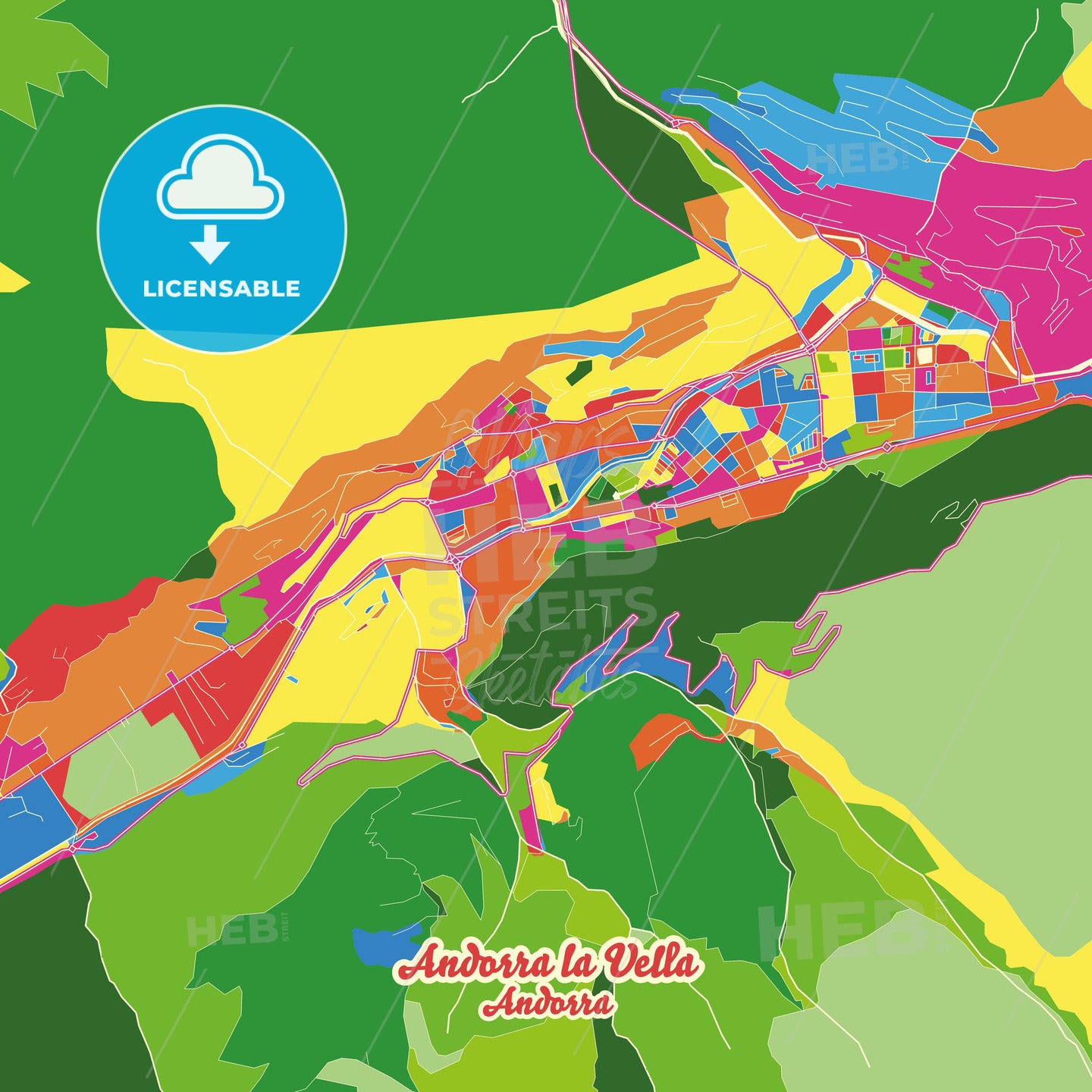 Andorra la Vella, Andorra Crazy Colorful Street Map Poster Template - HEBSTREITS Sketches