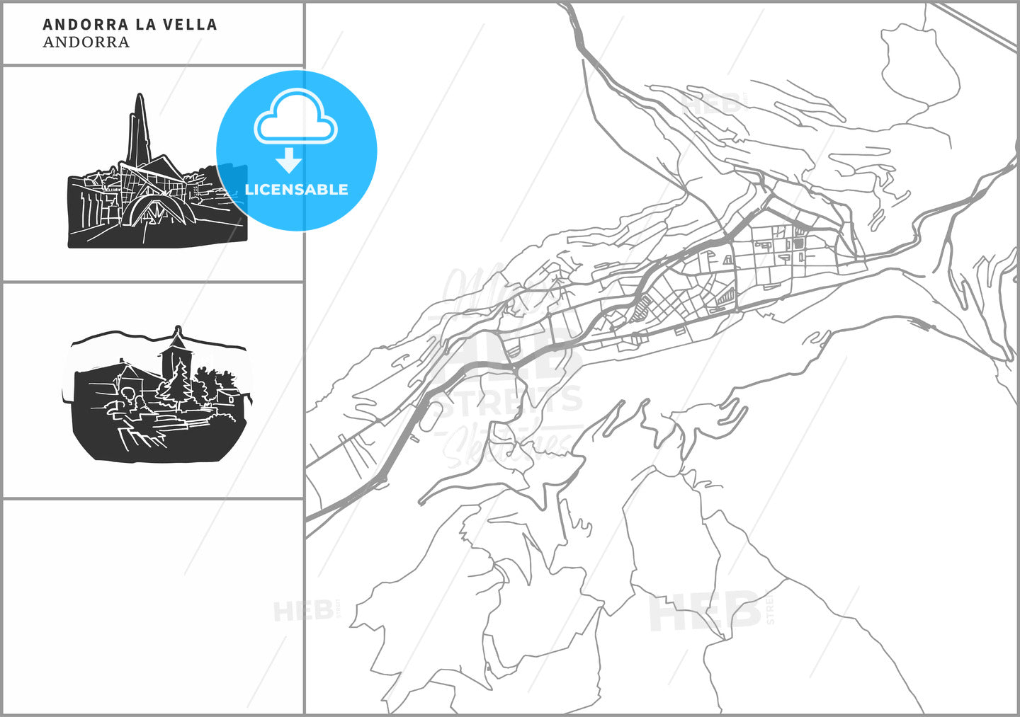 Andorra la Vella city map with hand-drawn architecture icons
