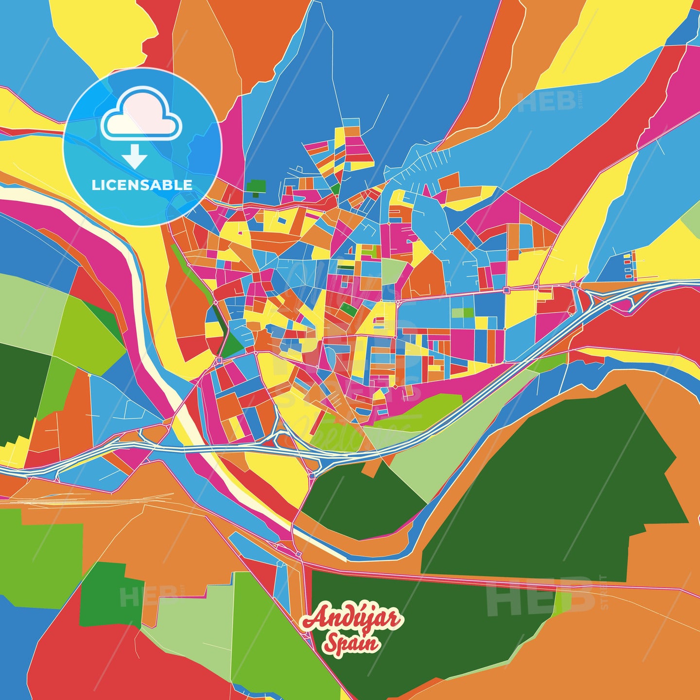Andújar, Spain Crazy Colorful Street Map Poster Template - HEBSTREITS Sketches