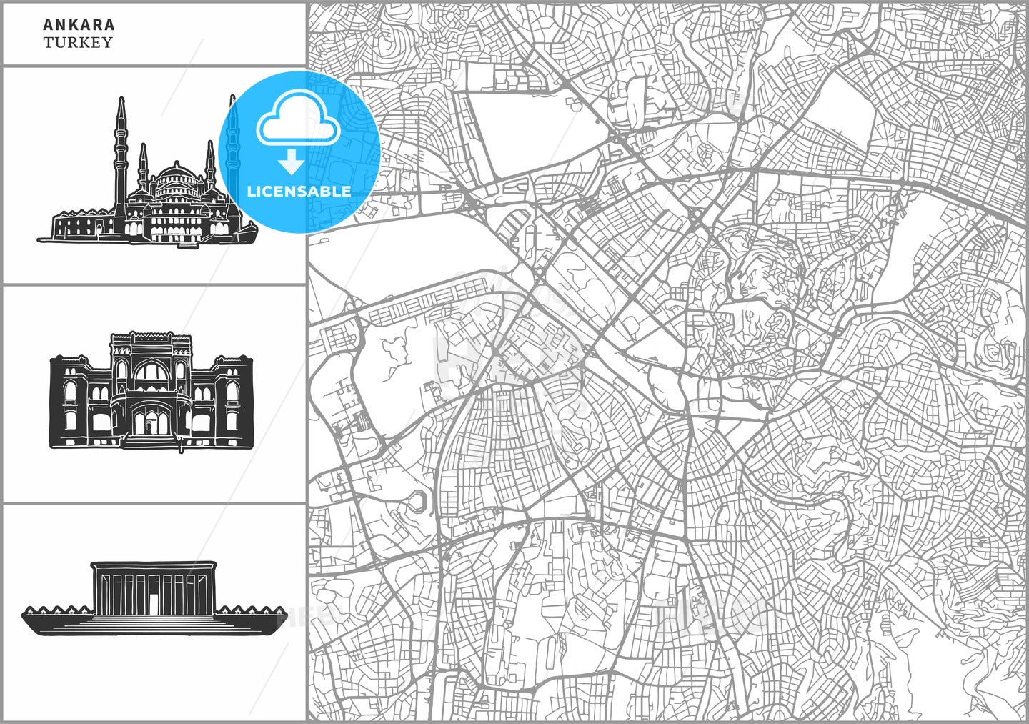 Ankara city map with hand-drawn architecture icons