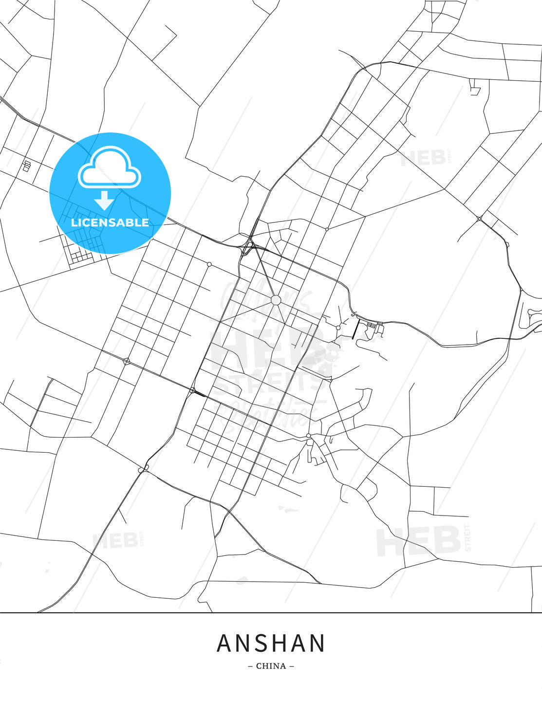 Anshan, China, Map poster borderless print template - HEBSTREITS