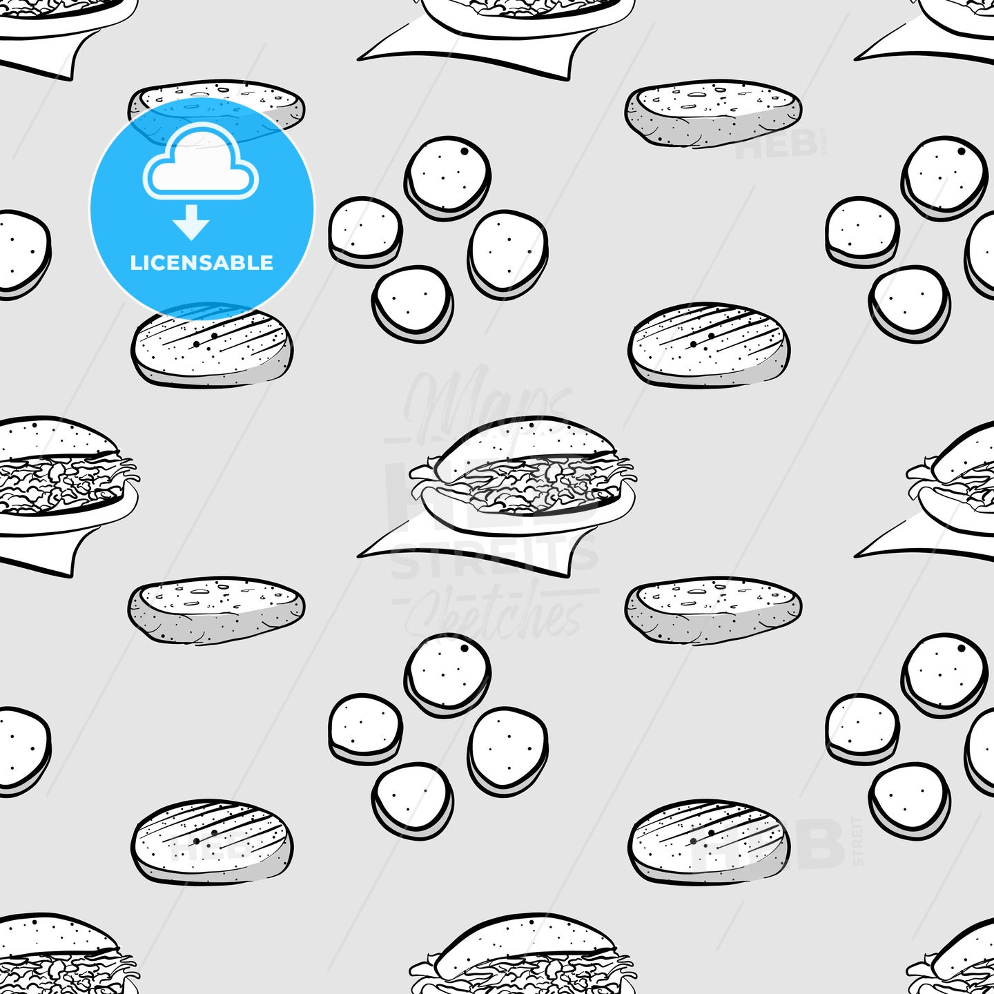 Arepa seamless pattern greyscale drawing – instant download