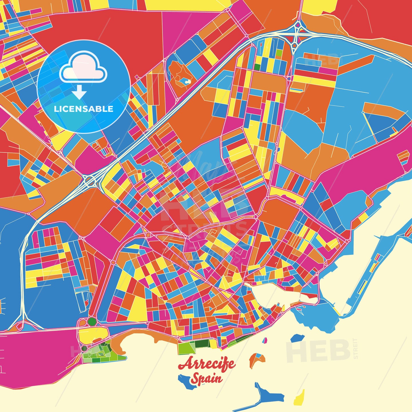 Arrecife, Spain Crazy Colorful Street Map Poster Template - HEBSTREITS Sketches