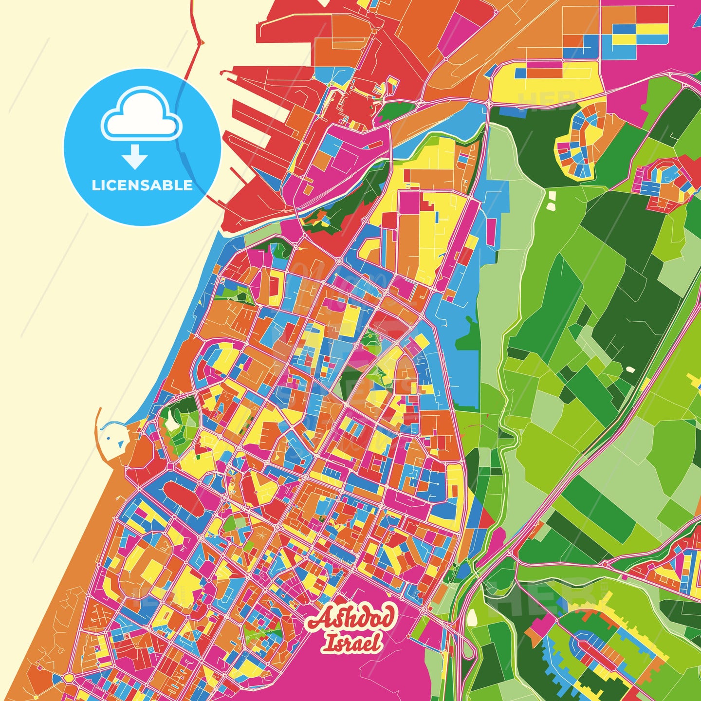 Ashdod, Israel Crazy Colorful Street Map Poster Template - HEBSTREITS Sketches