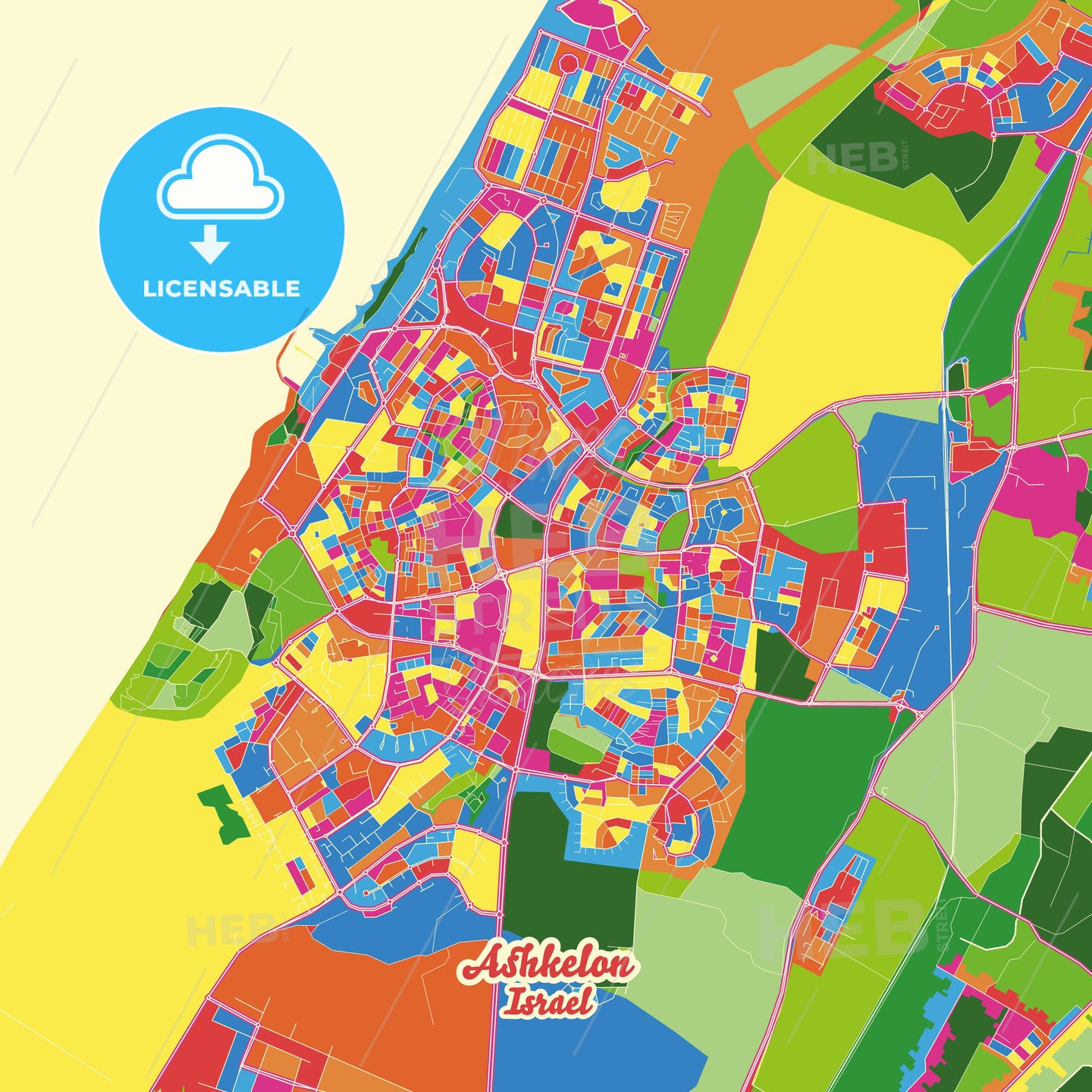 Ashkelon, Israel Crazy Colorful Street Map Poster Template - HEBSTREITS Sketches
