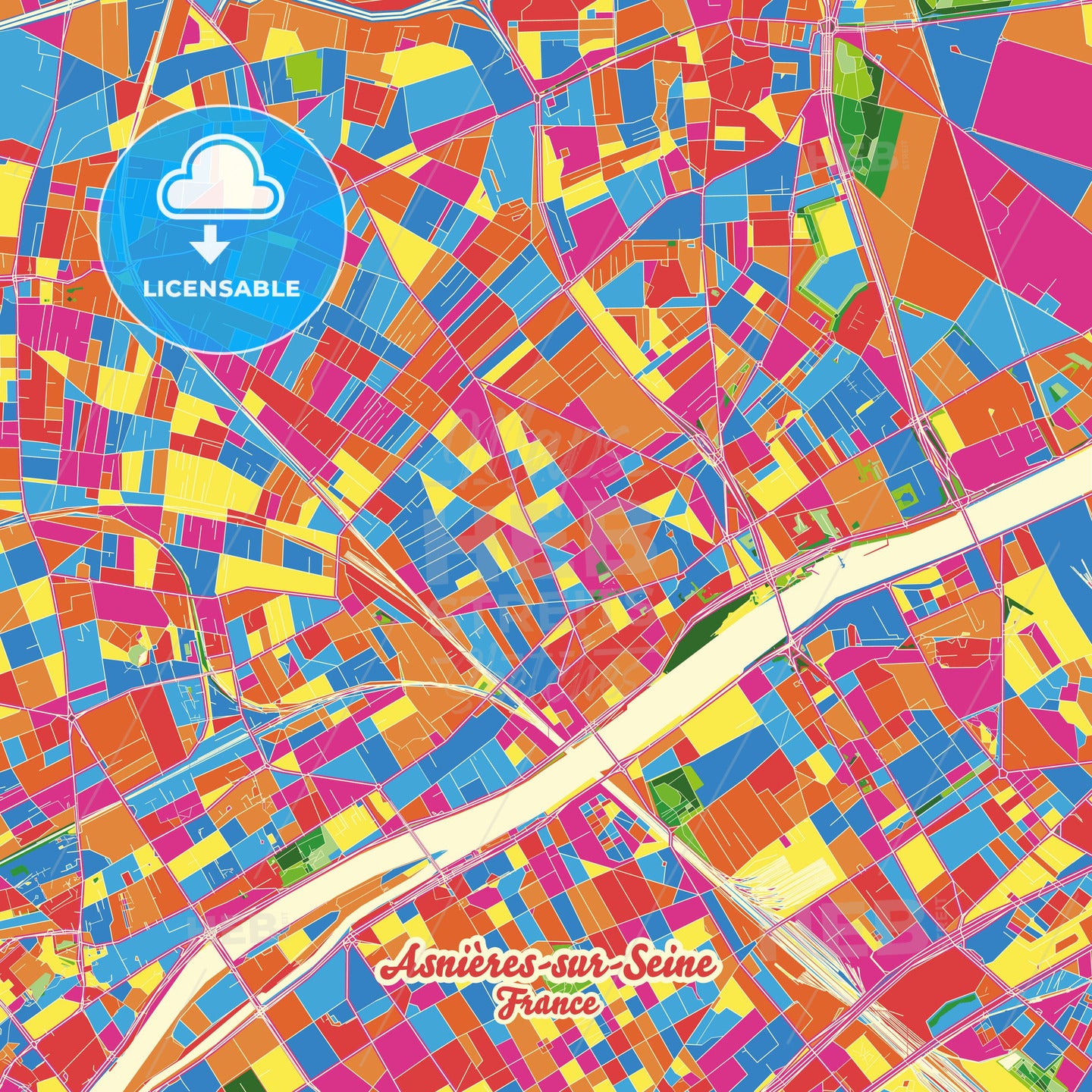 Asnières-sur-Seine, France Crazy Colorful Street Map Poster Template - HEBSTREITS Sketches