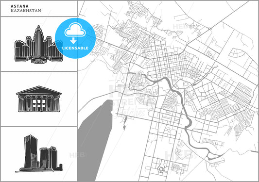 Astana city map with hand-drawn architecture icons