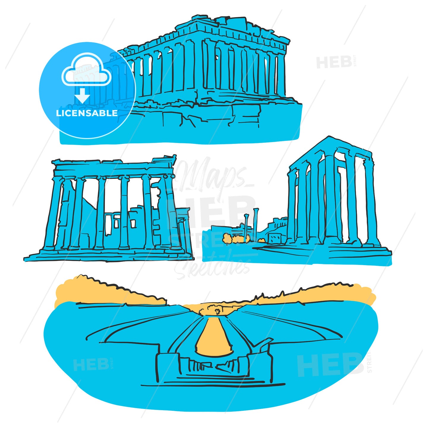 Athens Greece Colored Landmarks – instant download