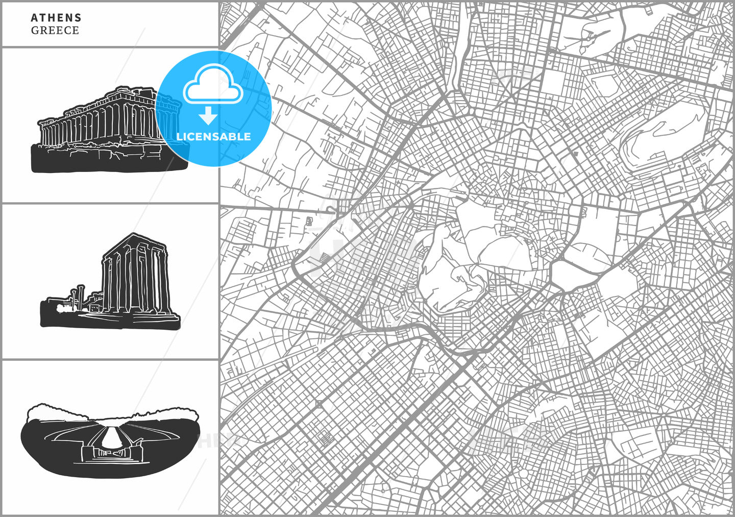 Athens city map with hand-drawn architecture icons